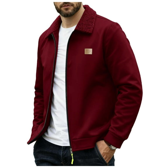 USNSM Men's Fleece Lined Jacket Casual Solid Color Warm Full Zip Up Thick Jacket Outwear Winter Long Sleeve Coat Jacket with Pocket Red XL