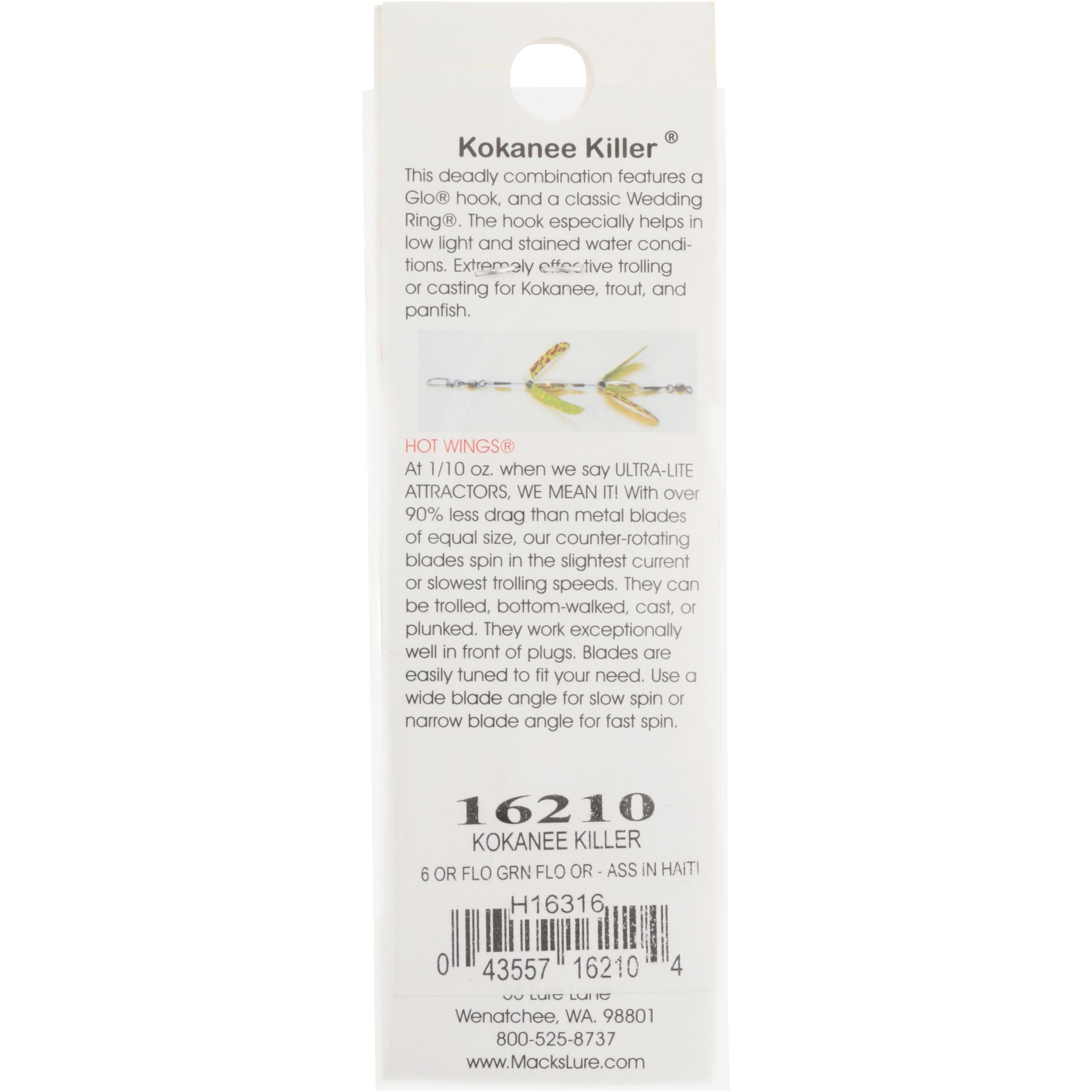 (2 pack) Mack's Lure Kokanee Killer Single Glo Hook Orng FlGrn/FlOrng Grasshopper Grn 6
