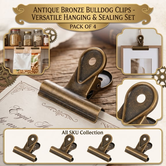 4Pcs Vintage Bronze Bulldog Clips for Sealing and Organizing, Multi-Purpose Metal Hinge Document Clamps for Home Office and Kitchen Use