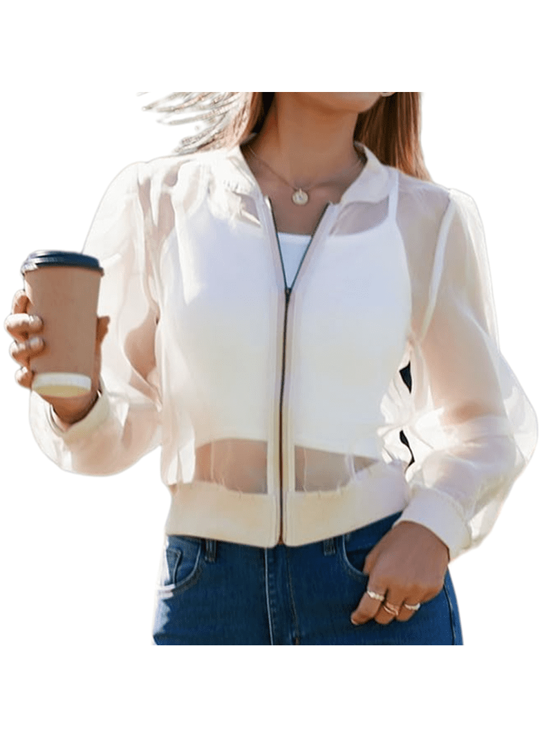 Women's Crop Mesh Sheer Bomber Jackets Lightweight Long Sleeve Zip