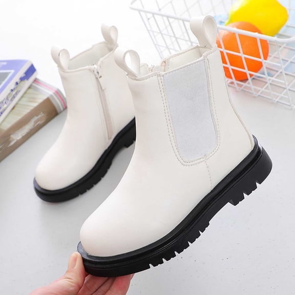 Eltusu Girls Ankle Boots, Casual Windproof PU No Slip Winter Booties Beige Size 1 Big Kids