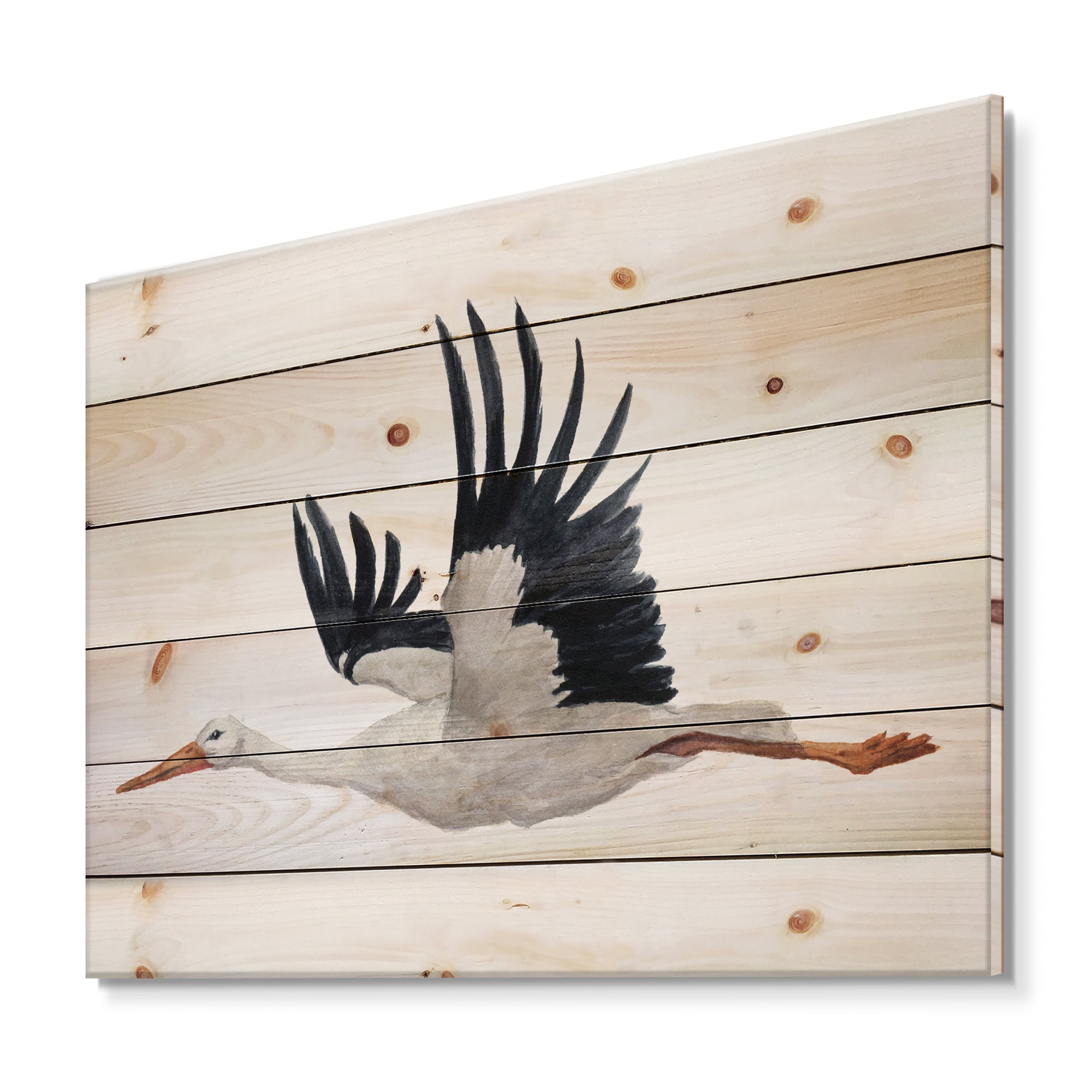 Designart 'White Stork Ciconia Flying Bird ' Traditional Print on Natural Pine Wood