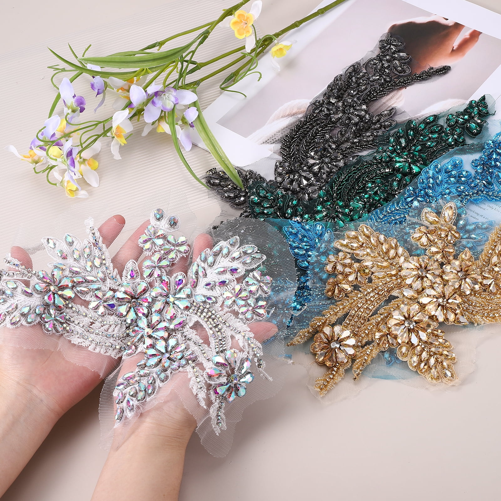 Uxcell 2Pack Rhinestone Applique Patches, 11x7 Inches Crystal Purple Lace Embroidery Patches Sew on Rhinestone Beaded Sequins for Sewing Making Dresses Wedding Banquet Evening Gown