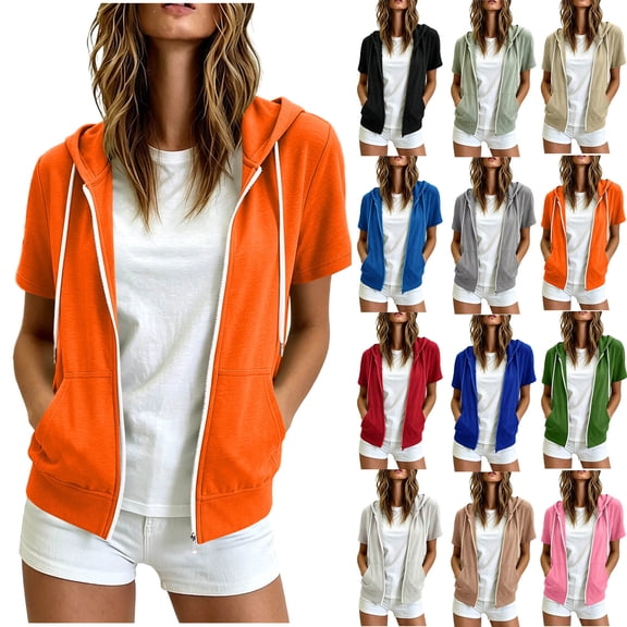 Women Oversized Hooded Jacket Women's Zip up Hoodie Short Sleeve Lightweight Hooded Jacket with Side Pockets Casual Sweatshirt Vests Orange L