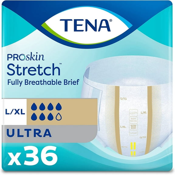TENA ProSkin Stretch Breathable Briefs, Ultra Absorbency, Unisex, Large/X-Large, 72 Count