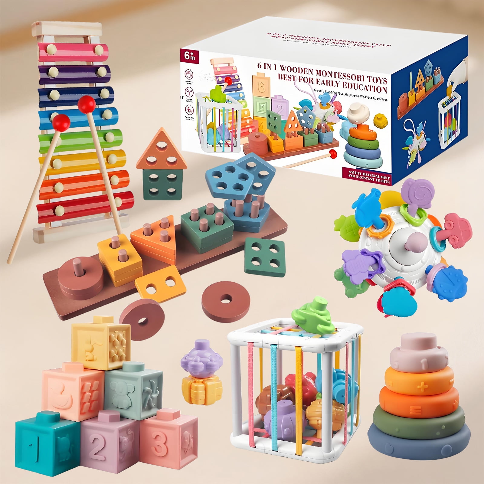 6 in 1 Montessori Baby Toys, Xylophone Musical, Infant Teethers Toys, Wooden Sorting Stacking Learning Toys Birthday Gift for Toddlers 1 2 3