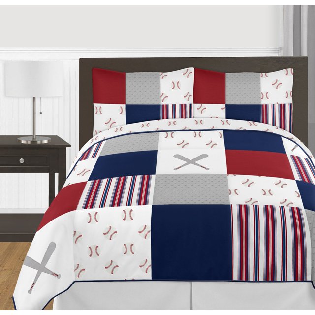 Sweet Jojo Designs Ensemble de Douillette de Baseball Rouge, Blanc et Bleu Sports Garçon Grand/double Enfant Ado - 3 Pcs - Rayures Patchwork Grises