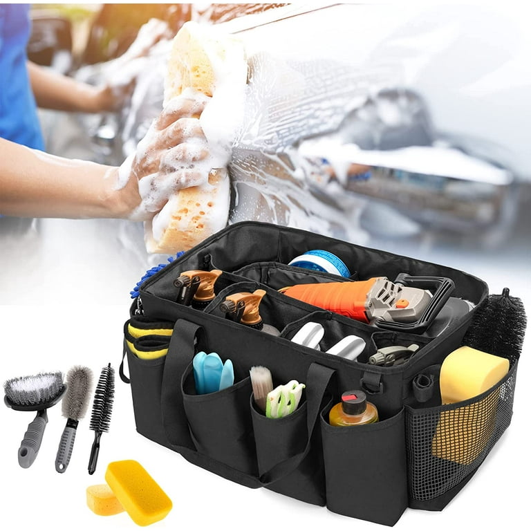Detailing Bag with Polisher Carry Bag Large Detail Bag Car Care Box for Auto Detailing Supplies Car Wash Caddy Trunk Organizer for Buffer Bottle Towel Cleaning Kit Black Patent Design