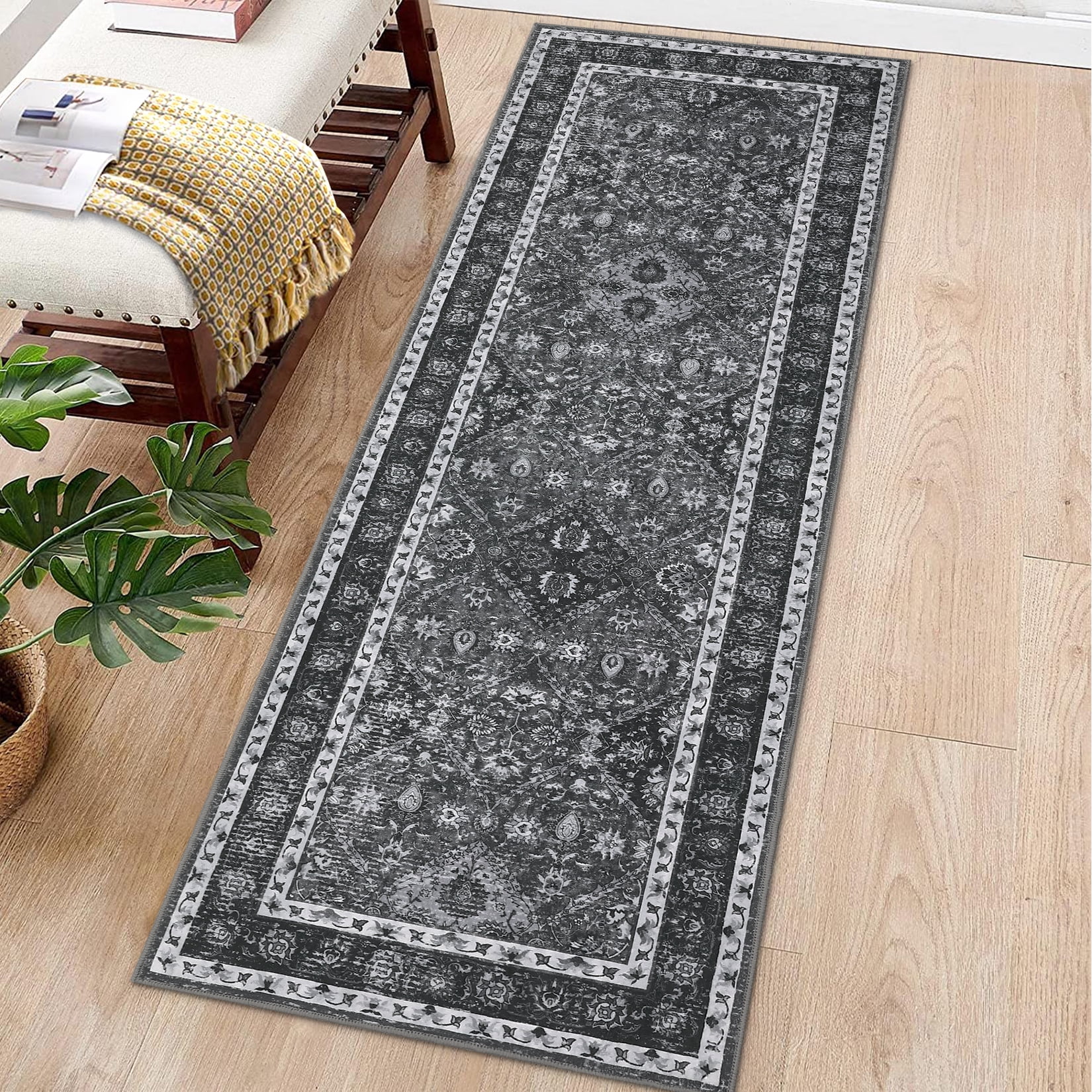 Garvee 2'x6' Runner Area Rug, Washable Persian Rug Vintage Boho Carpet Non Slip Soft Print Rug for Hallway Kitchen Entryway, Gray