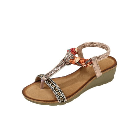 

Daeful Women s Lightweight Comfy T-strap Bohemian Shoes Work Casual Ankle Strap Flip Flop Sandal Rhinestones Wedge Sandals