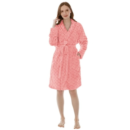 

PAVILIA Womens Short Robe Fuzzy Soft Female Bathrobe Fluffy Plush Cozy Shower Spa House Kimono (S/M Coral Peach)