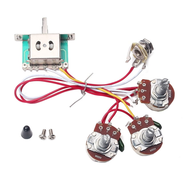BRIGHTFUFU 1 juego de arnes de cableado de guitarra eléctrica Kit precableado Interruptor de palanca de 5 vías 1 volumen 2 Tone Pot Jack 500K 2T1V GU101