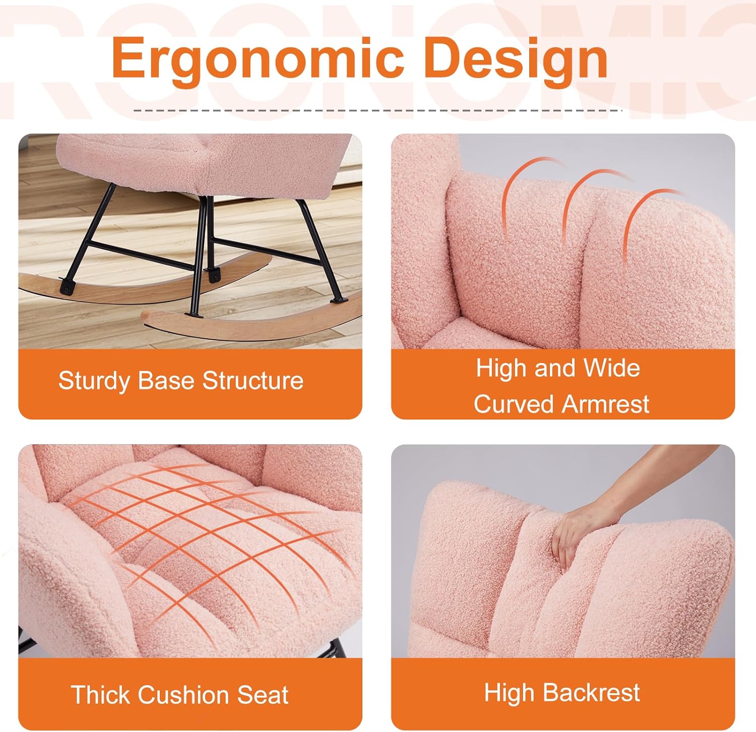 Rocking Chair, Indoors Glider Accent Armchair with High Backrest for Nursery, Bedroom, Teddy Fabric with Solid Wood Legs, Pink