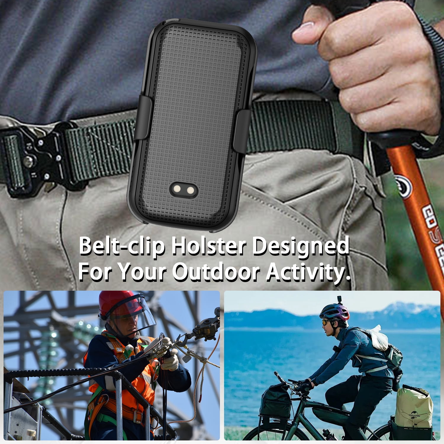 Nakedcellphone Case and Belt Clip Combo for Sonim XP3plus 5G Flip Phone (XP3 Plus X320, 2025), Textured Hard Cover and Holster/Holder - Black Tread