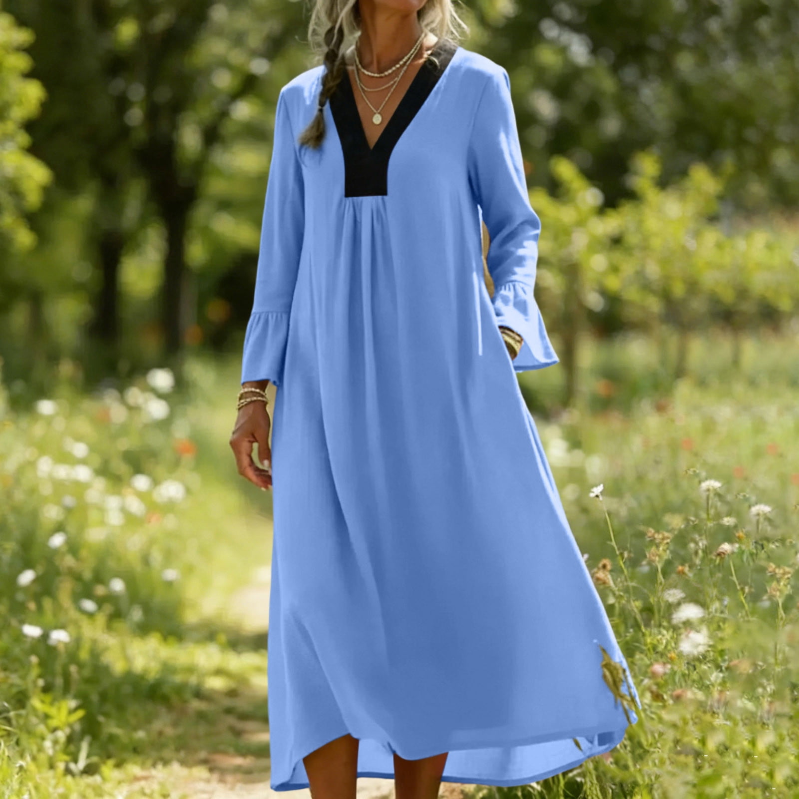 LVHAOGJOB Dresses for Women with Pockets Plus Size Long Sleeve Maxi Dress V Neck Summer Loose Cotton Linen Long Ladies Sundress Flowy