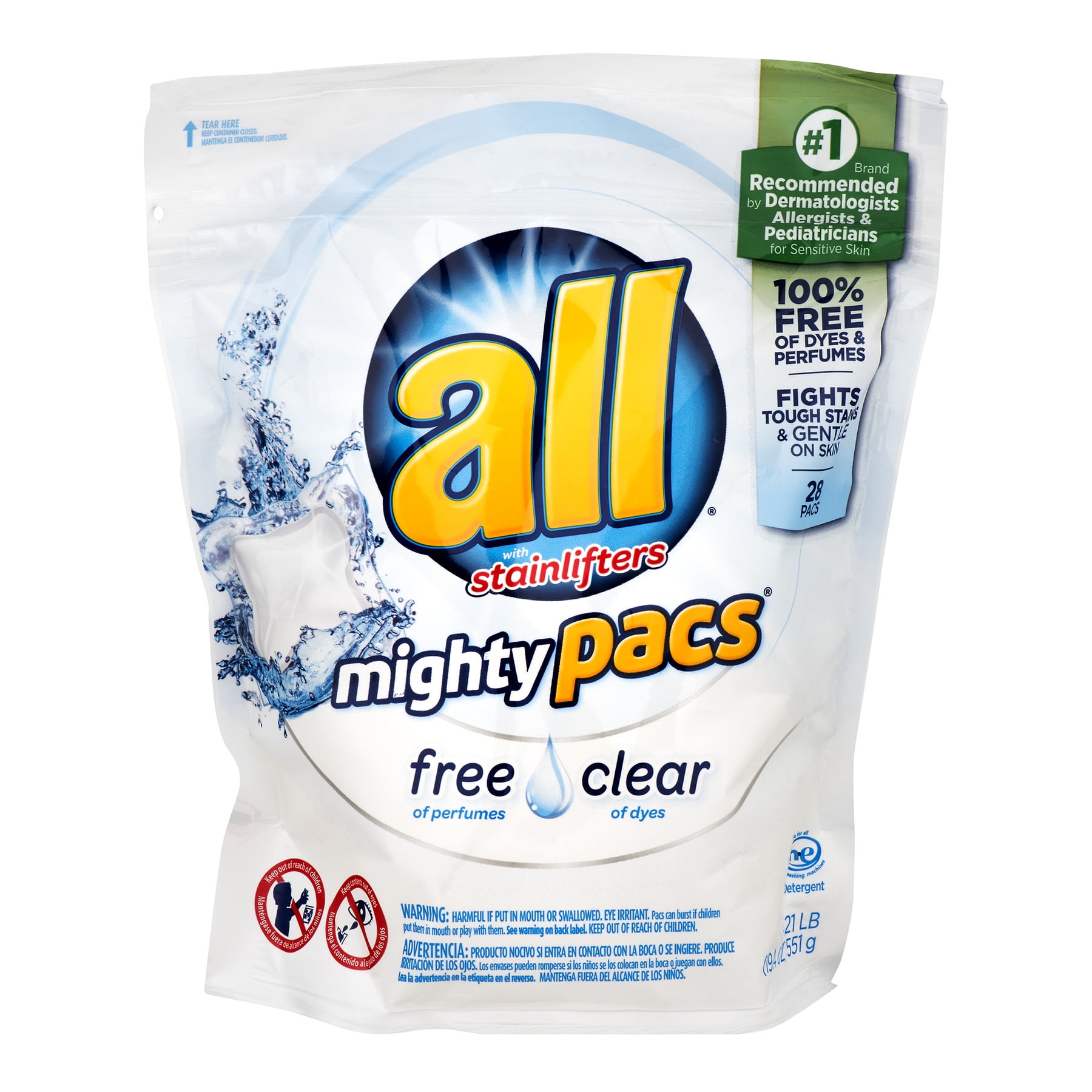 All with Stainlifters Mighty Pacs Free Clear Detergent Pacs, 28 count, 1.21 lb