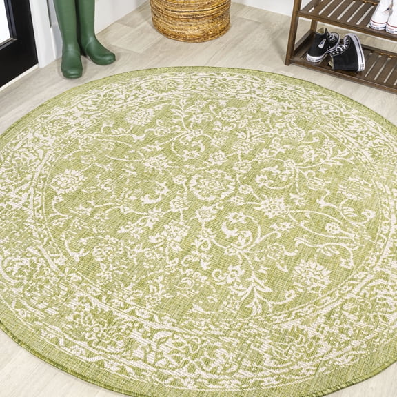 JONATHAN Y SANTA MONICA 5' Round Area Rug, Tela Bohemian Textured Weave Floral - Green/Cream, SMB100D-5R