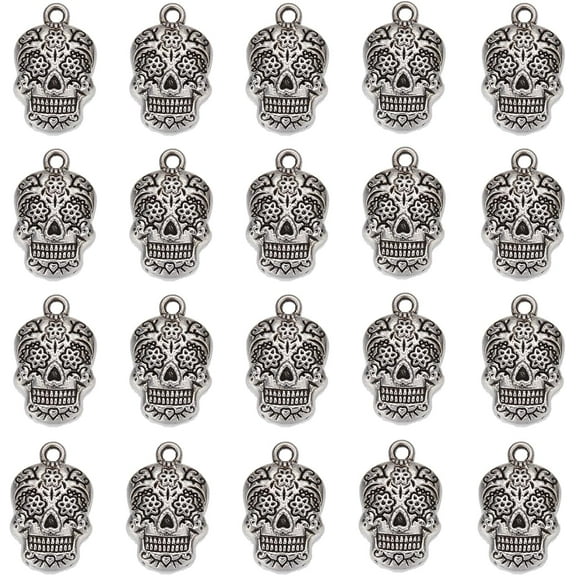 1 Box 30Pcs Skull Charms Skeleton Head Charm Tibetan Style Antique Silver Flower Pattern Gothic Skull Metal Alloy Charms