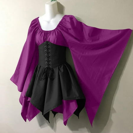 LEBONYARD Vintage Gothic Dresses for Women Plus Size Women Costumes Gothic Sleeve Corset Dresses Round-Neck Knee-High Dress Purple S
