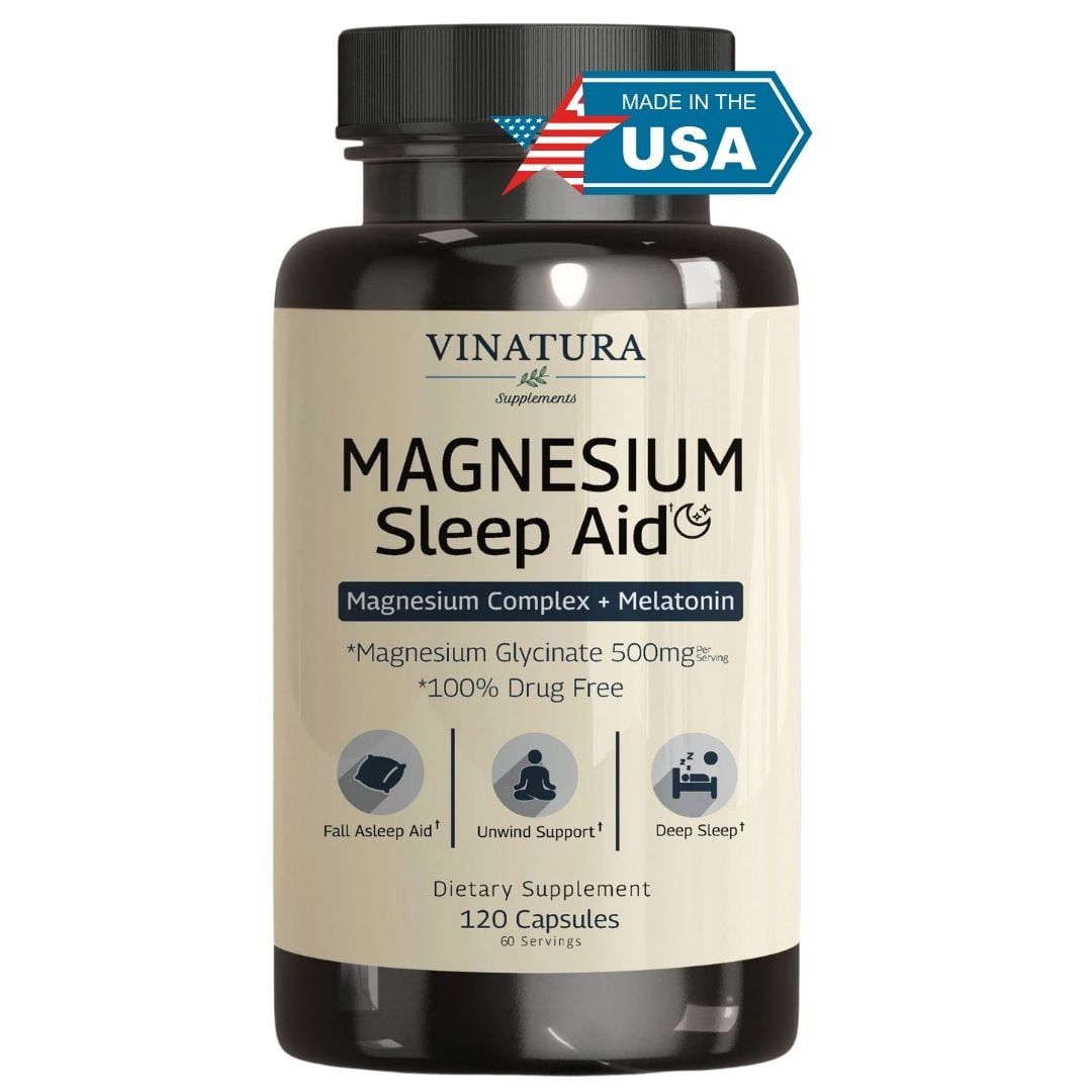 Vinatura Magnesium Sleep Aid - Magnesium Glycinate Complex for Sleep with Melatonin Supplement - Glycinate 500mg, L-Theanine - 120 Capsules