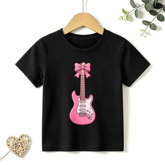 Girls Graphic Tees Pink Electric Guitar Bow Kids T Shirt Cute Rock 100% Cotton Short Sleeve Soft Tops 4-13Y