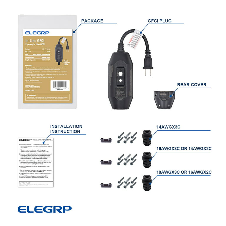 ELEGRP 2 ft. 15 Amp In-Line Self-Test Automatic Reset Portable GFCI Plug with 3-Outlet Cord, Yellow