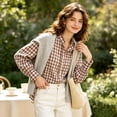 thumbnail image 3 of Shirts for Women Casual Plaid Ruffle Collar Long Sleeve Button Front Regular Fit Work Wear Shirt, 3 of 7