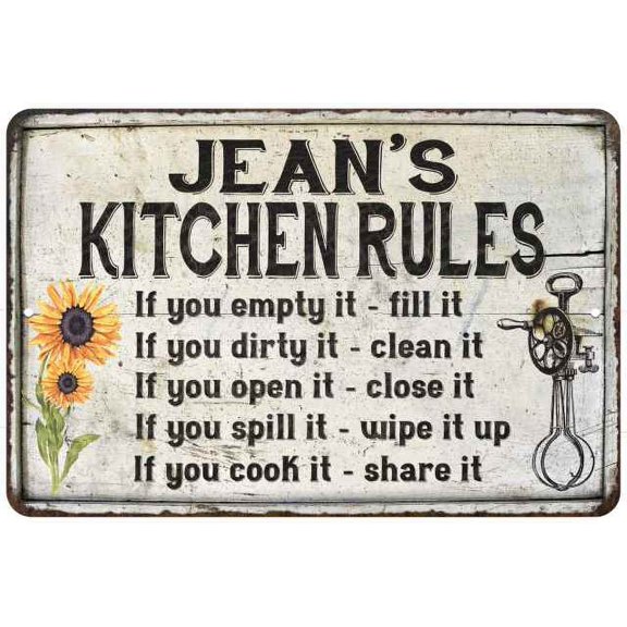 Jean's Kitchen Rules Chic Sign Vintage Decor 8 x 12 High Gloss Metal 208120032061