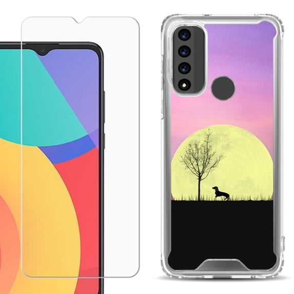 Shockproof Bumper Phone Case for TCL 20 XE, with Tempered Glass Screen Protector, by OneToughShield ® - Moonlight Dachshund