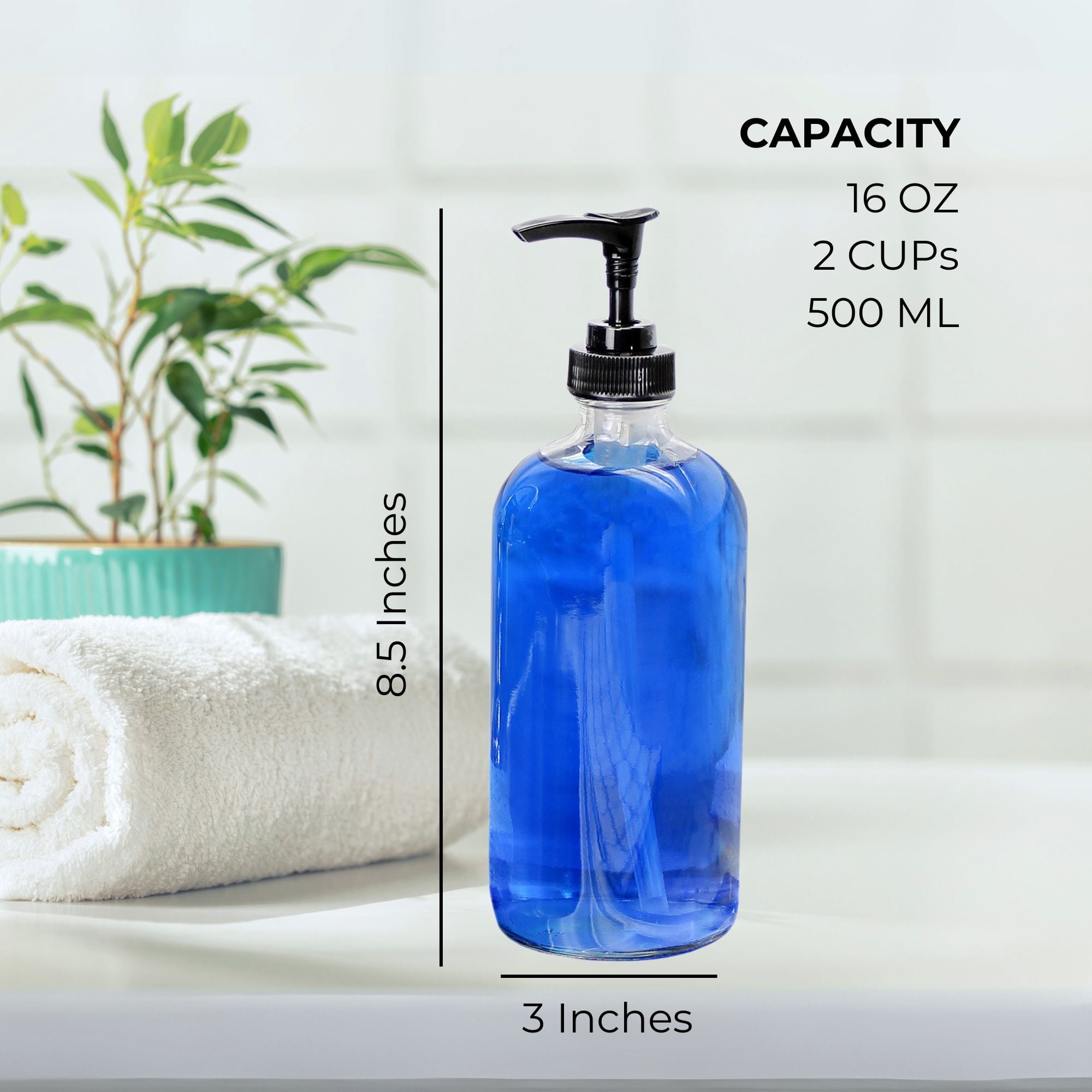 Cornucopia Brands 16-Oz Clear Glass Pump Bottles (2-Pack); Refillable Soap Dispenser Black Lotion Pump Transparent Boston Round Bottles + Chalk Labels & Lids