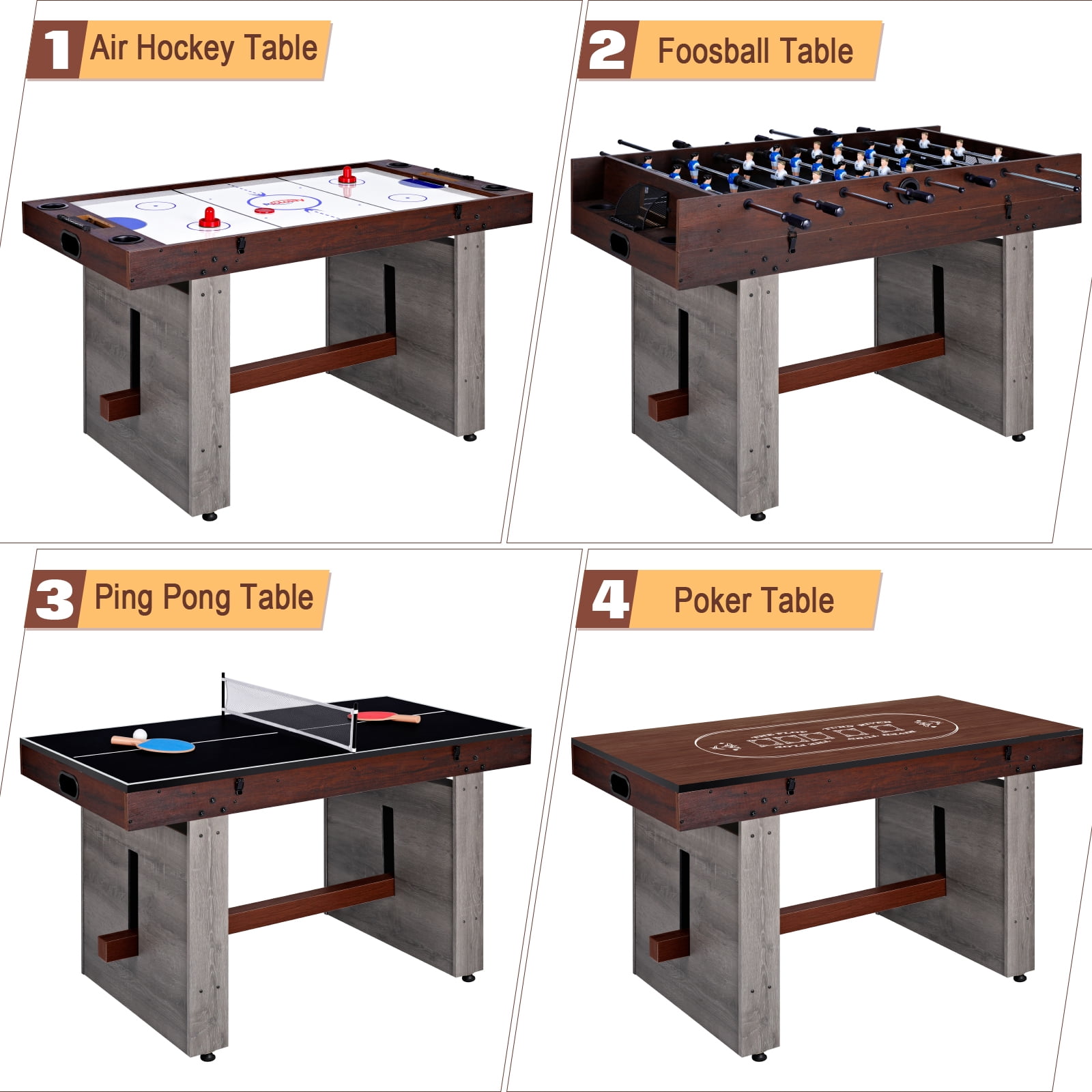 55in Combo Game Table – Electric Air Hockey, Foosball, Ping Pong & Poker, 4in1 Multi-Game Table for Home & Game Room Fun
