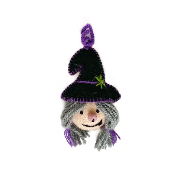 Witch Face Halloween Ornament - Fair Trade Embroidered Wool Holiday Decor Handmade in Peru