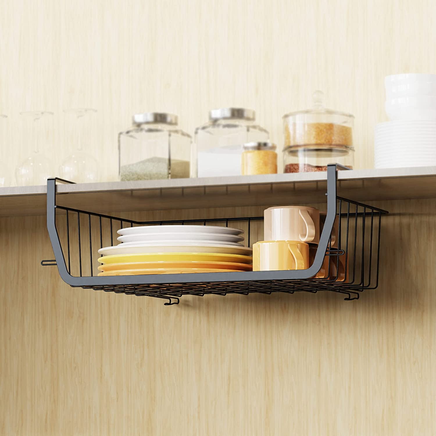4 Pack Black Under Shelf Wire Basket Hanging Storage Baskets, Under Cabinet Add-on Storage Racks Slide-in Baskets Organizer for Kitchen Pantry Desk Bookshelf
