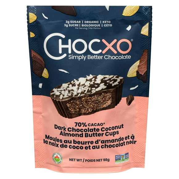 Chocxo Organic Dark Chocolate Coconut Almond Butter Cups, 70% Cocao