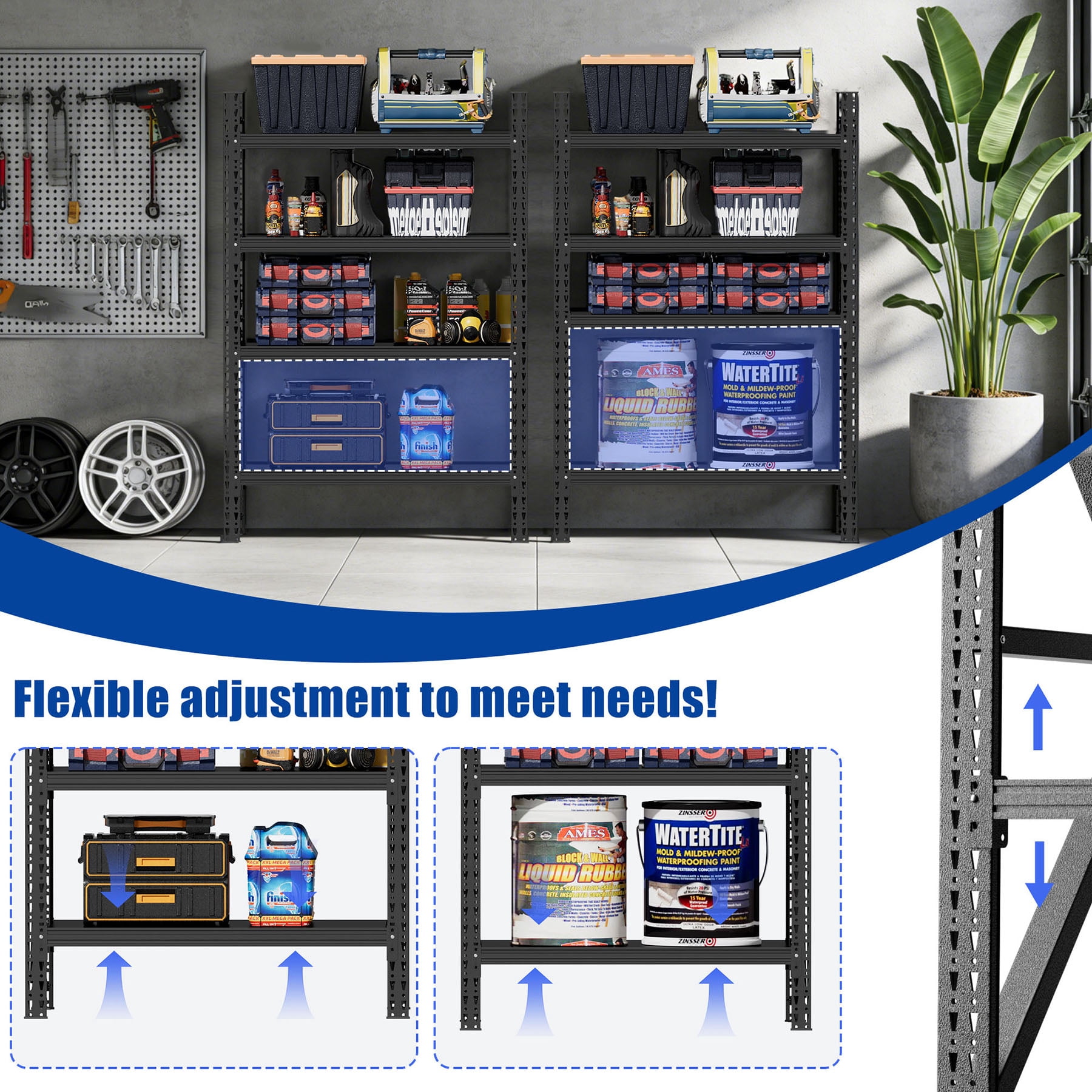 S-HOME Heavy Duty Adjustable Garage Shelves Black Steel Storage Rack 69H x 47W Industrial Shelving Unit 4000LBS Capacity for Organization