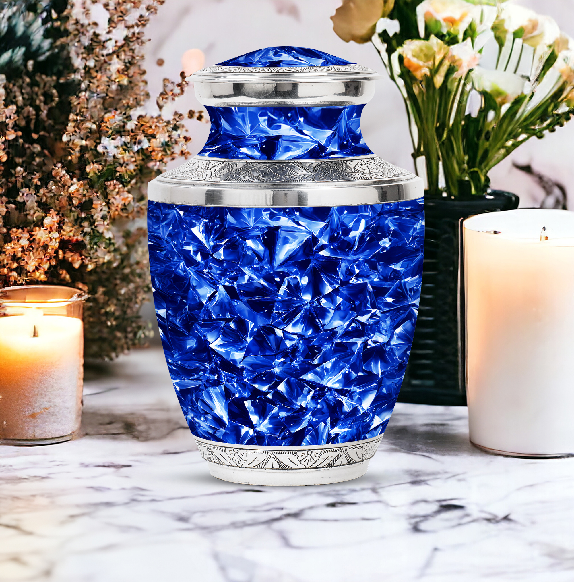MUKTIVE Crystal Abstract Memorial Urns for Adult Male - Funeral Urn for Ashes for Women - Large Blue Urn for Brother & Sister - Burial Urns for Adult Human Ashes for Cremation - 10 Inch