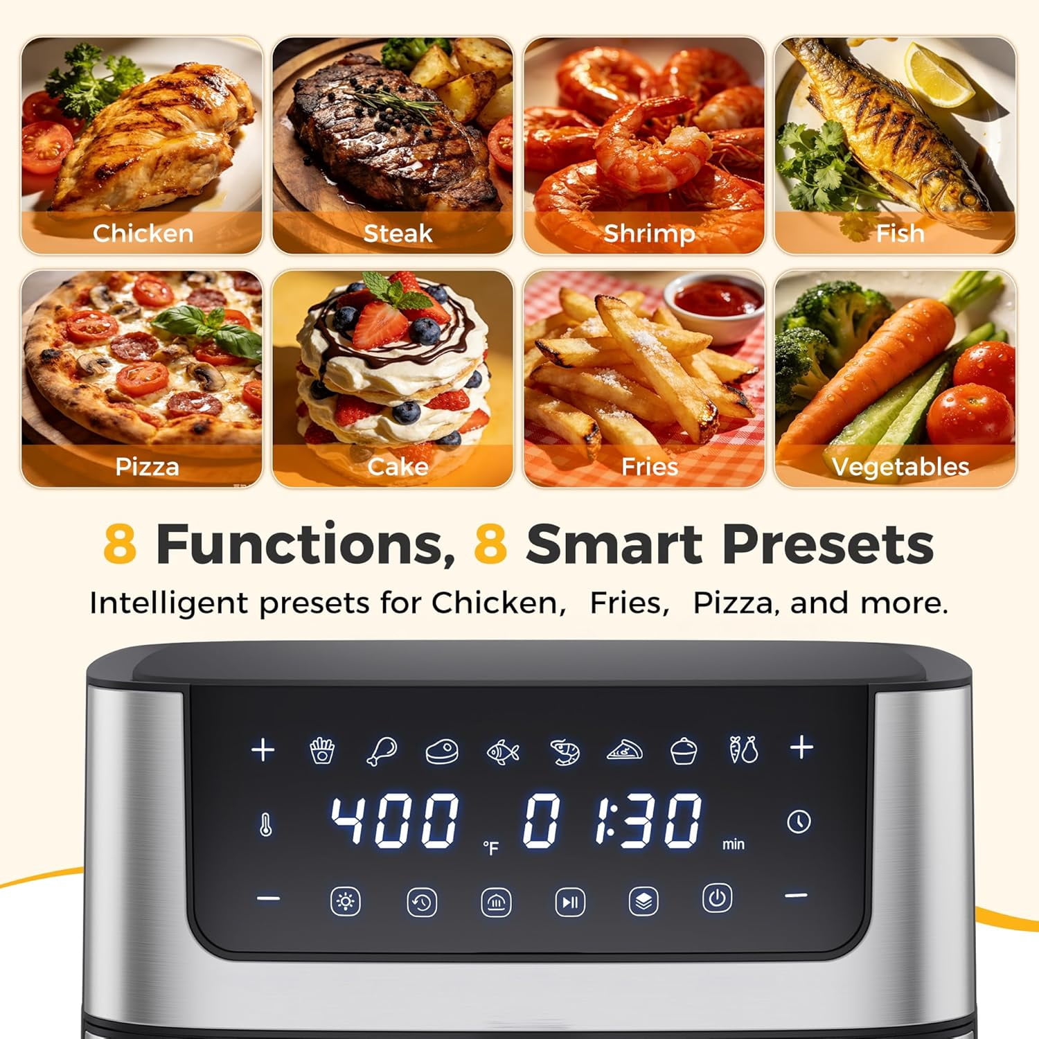 Air Fryer 6.34QT, Airfryer with Visible Window, 400 ℉ Fast Heating Air Fryers Oven with Nonstick and Dishwasher-Safe Basket, 8-in-1 Cooking Preset, Timer，Auto-Off, Stainless Steel, White