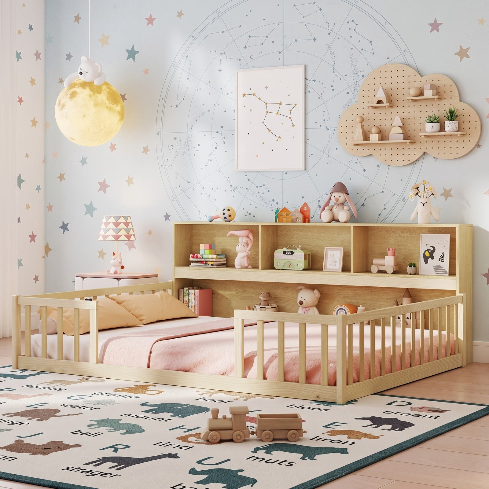 Furnibear Full Size Montessori Floor Bed Frame with Bookcase Headboard and Full Length Fence Rails, House Bed for Kids Bedroom, Natural
