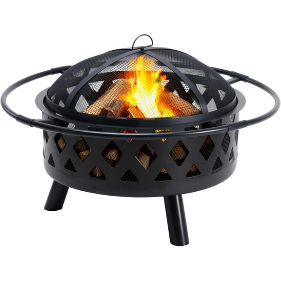LIFERECORD Circular Steel Fire Pit with Spark Screen - Wood Burning Outdoor Fire Pit with Decorative Cut-Out Design for Patio & Backyard, 30 Inch