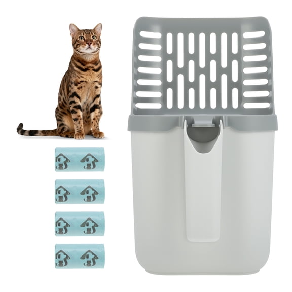 Unique Bargains Cat Litter Scoop Durable Litter Scooper with Refill Bags Mess-Free Cat Litter Scooper Convenient Scoop Holder Design White Grey