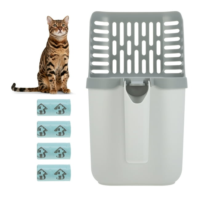 Pala para Arena para Gatos Unique Bargains, Pala Duradera con Bolsas de Repuesto, Pala para Arena Sin Desorden, Diseño Conveniente de Soporte para Pala, Blanco Gris