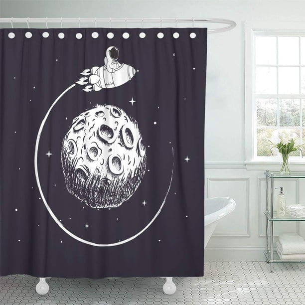 ABPHQTO Astronauta espacial se sienta en una nave espacial y vuela alrededor de la luna Diseño infantil Planeta Juego de cortinas de ducha impermeables para baño 165x180 cm ABPHQTO PKNMT66x72Shower-11495