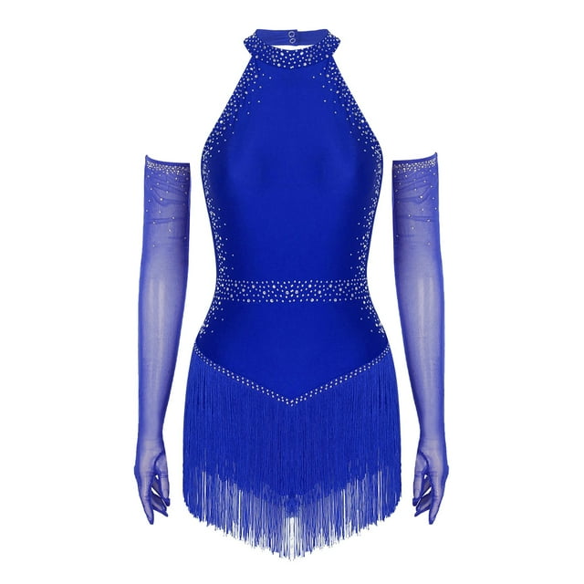 Hansber Robe de Danse pour Femme à Franges en Strass avec Gants, Col Licou, Costume de Danse Latine pour Salle de Bal, Rumba, Salsa, Bleu Royal, P
