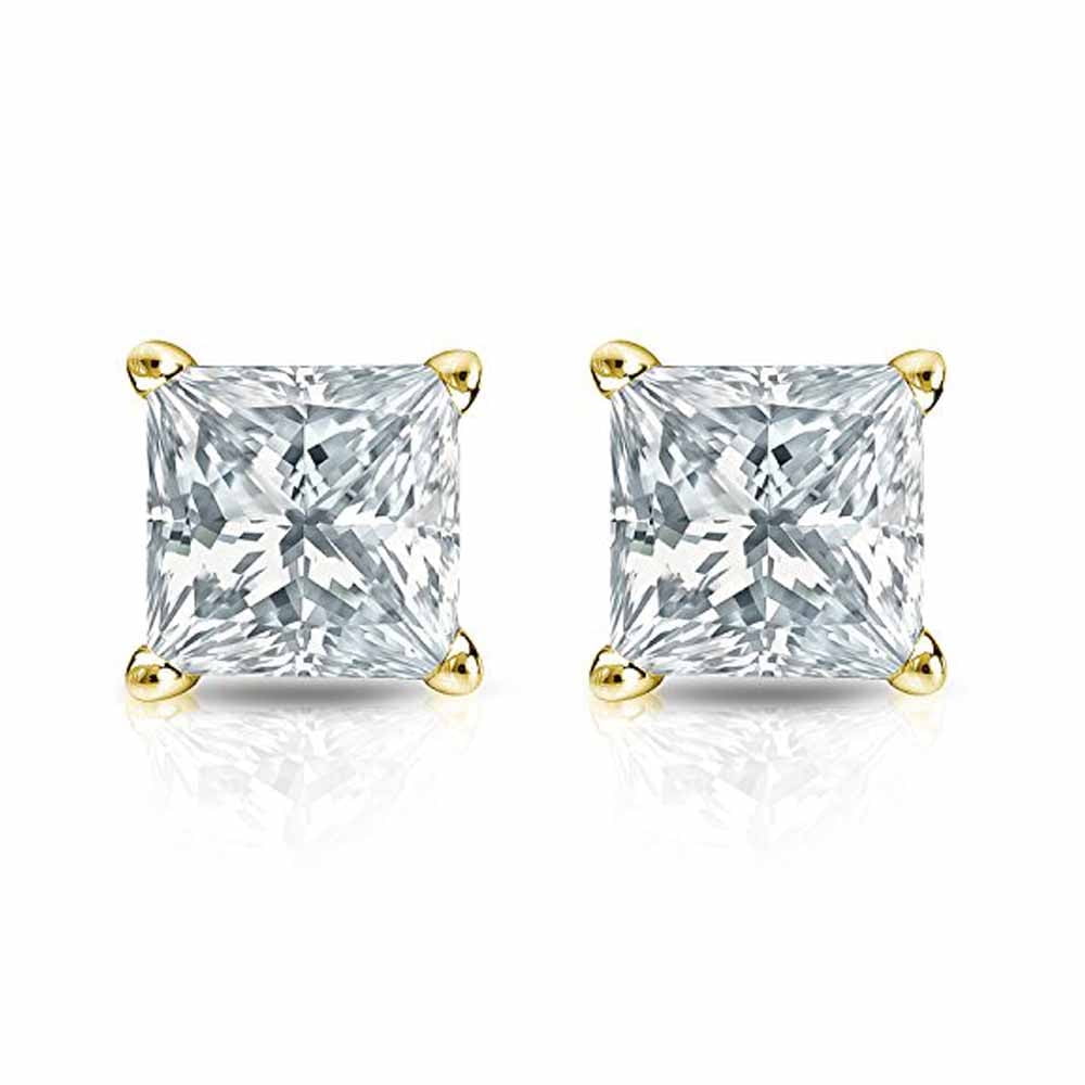 14k Yellow Gold Push Back Princess Cut Created Diamond Stud Earrings 4MM Women Plated by Paris Jewelry