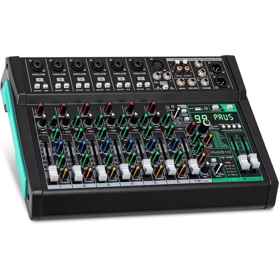 Pyle 10-Channel Audio Mixer – Bluetooth Studio Mixer with 6 XLR Combo Mic Inputs, DSP Digital Effects, USB MP3 Player, PC Recording, LED Level Meter, DJ Controller with Smooth Faders