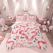 Manfei Kawaii Pink Snake Bedding Comforter Set for Kid, Cartoon Flower Floral Twin Comforter Sets, Boho Hippie Animal Reversible Bedding Set, Luxury Bedroom Decor, 2 Pieces
