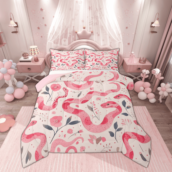 Manfei Kawaii Pink Snake Bedding Comforter Set for Kid, Cartoon Flower Floral Twin Comforter Sets, Boho Hippie Animal Reversible Bedding Set, Luxury Bedroom Decor, 2 Pieces