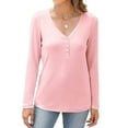 thumbnail image 6 of VDJ Women Long Sleeve Tops Casual Button Up V Neck Solid Fall Shirts Plain Color Casual Cute Pink T Shirt for Women Clothing Size L, 6 of 8