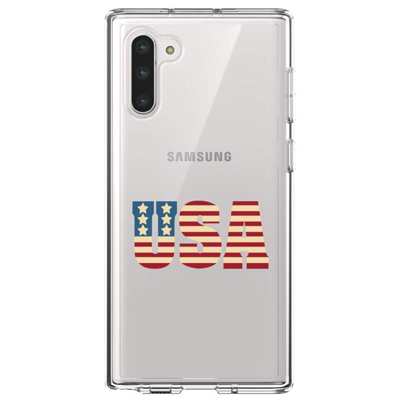 DistinctInk Clear Shockproof Hybrid Case for Samsung Galaxy Note 10 (6.3" Screen) - TPU Bumper Acrylic Back Tempered Glass Screen Protector - USA Letter Art Flag Red White & Blue