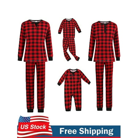 

Jamlynbo Matching Family Christmas Pajamas Baby Plaid Romper Adult Cartoon Pajama Party Sleepwear Nightwear Clothes Set
